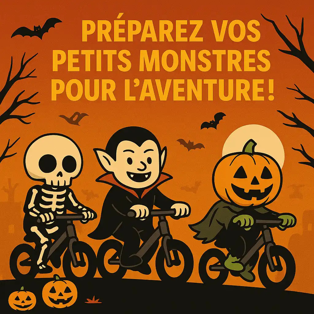 Halloween-themed illustration featuring three costumed children riding bicycles.