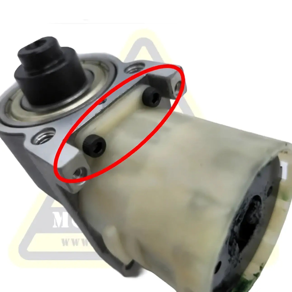 Gray metallic hydraulic pump with black cylinders and translucent beige housing for reduction gearbox screws Stacyc 12-16eDrive