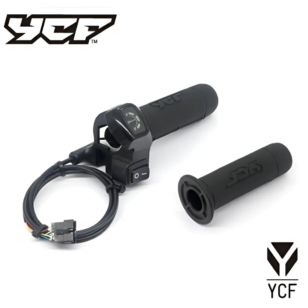 Black ycf bike throttle control with textured grip handle, compact electronic switch assembly, and coiled wiring