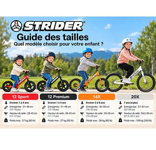 Strider 12 sport 12 premium 14x and 20x balance bikes for children aged 1 to over 7 shown in various colors