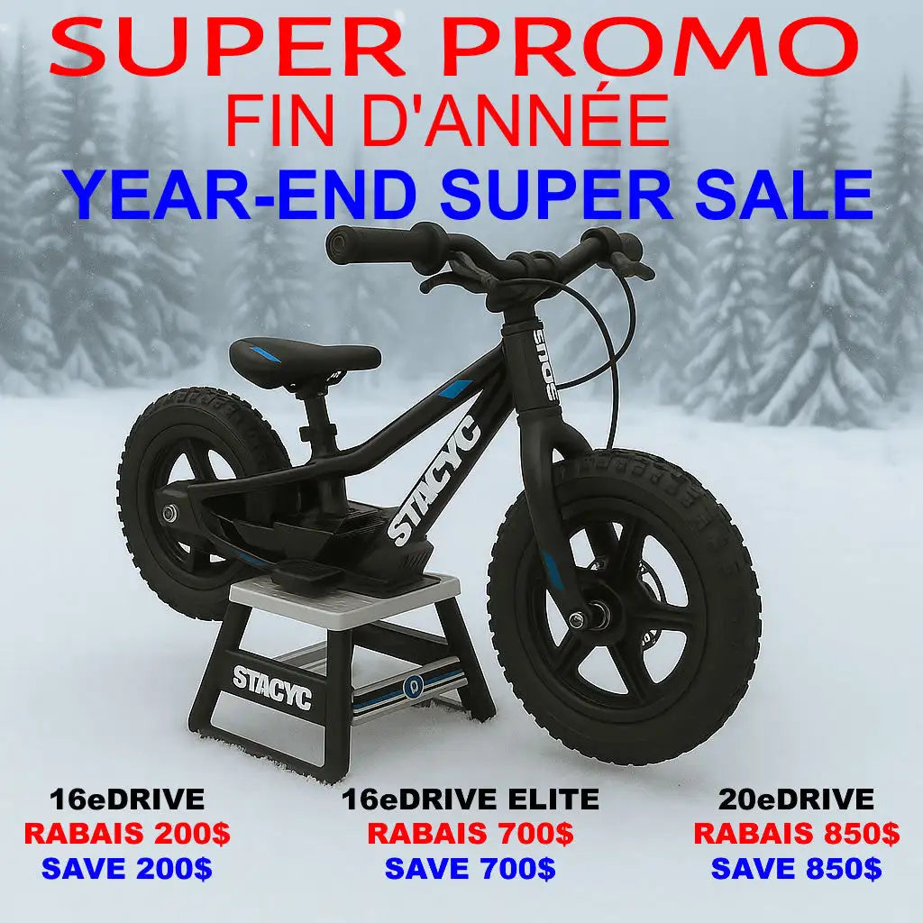 Black and blue children’s balance bike with a step-through frame, designed for easy mounting and dismounting.