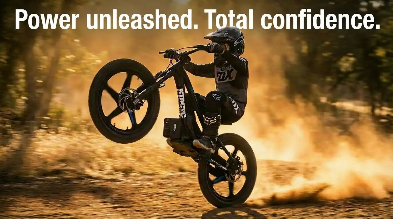 Black fox racing dirt bike with sleek frame and rugged tires, rider in matching gear mid-air during a wheelie.