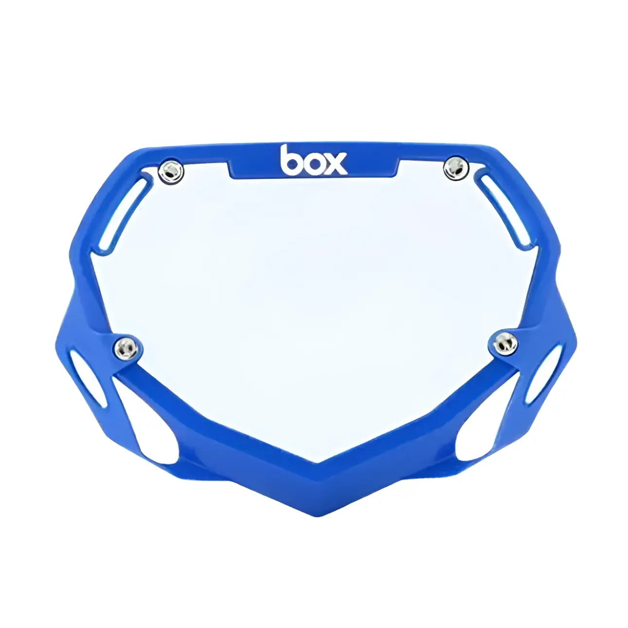 Blue plastic motocross face guard with clear center and box branding for box two bike number plate product