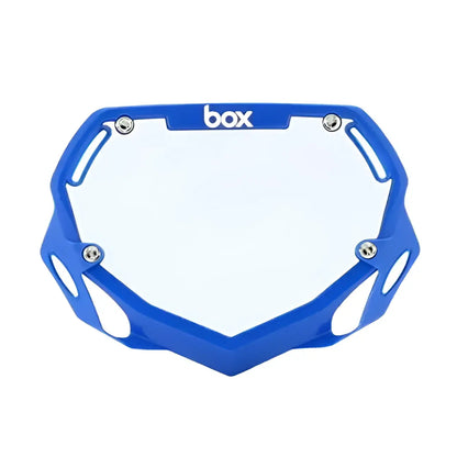 Blue plastic motocross face guard with clear center and box branding for box two bike number plate product
