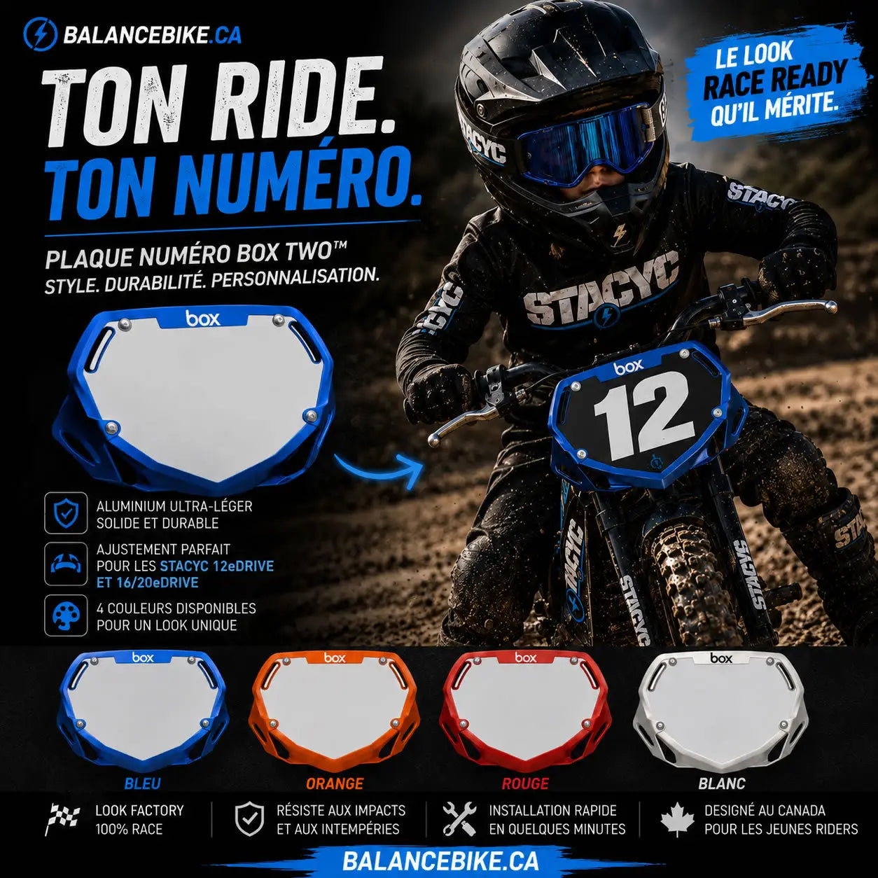 Blue aluminum bike number plate with white center and black border for stacyc 12edrive or 16 20edrive bikes