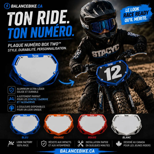 Blue aluminum bike number plate with white center and black border for stacyc 12edrive or 16 20edrive bikes