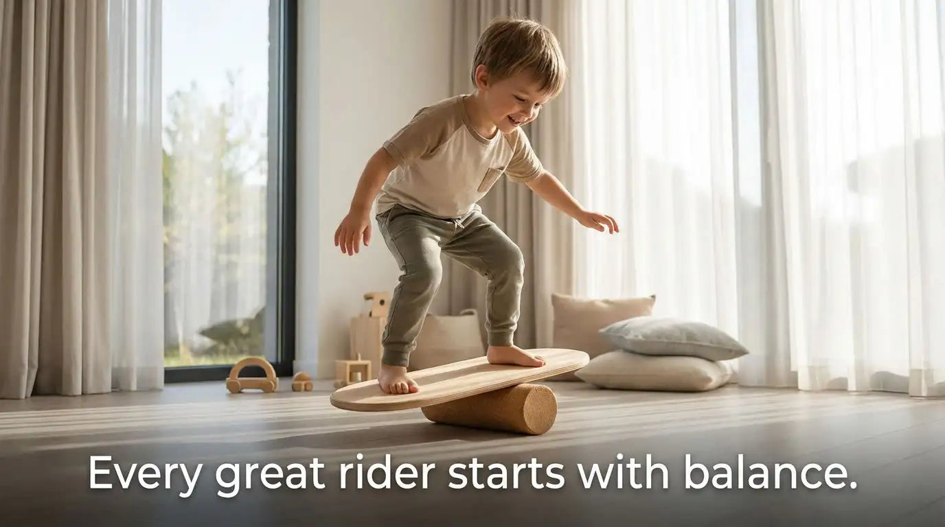 A child balancing on a wooden balance board with rounded edges and a smooth, light-colored finish.
