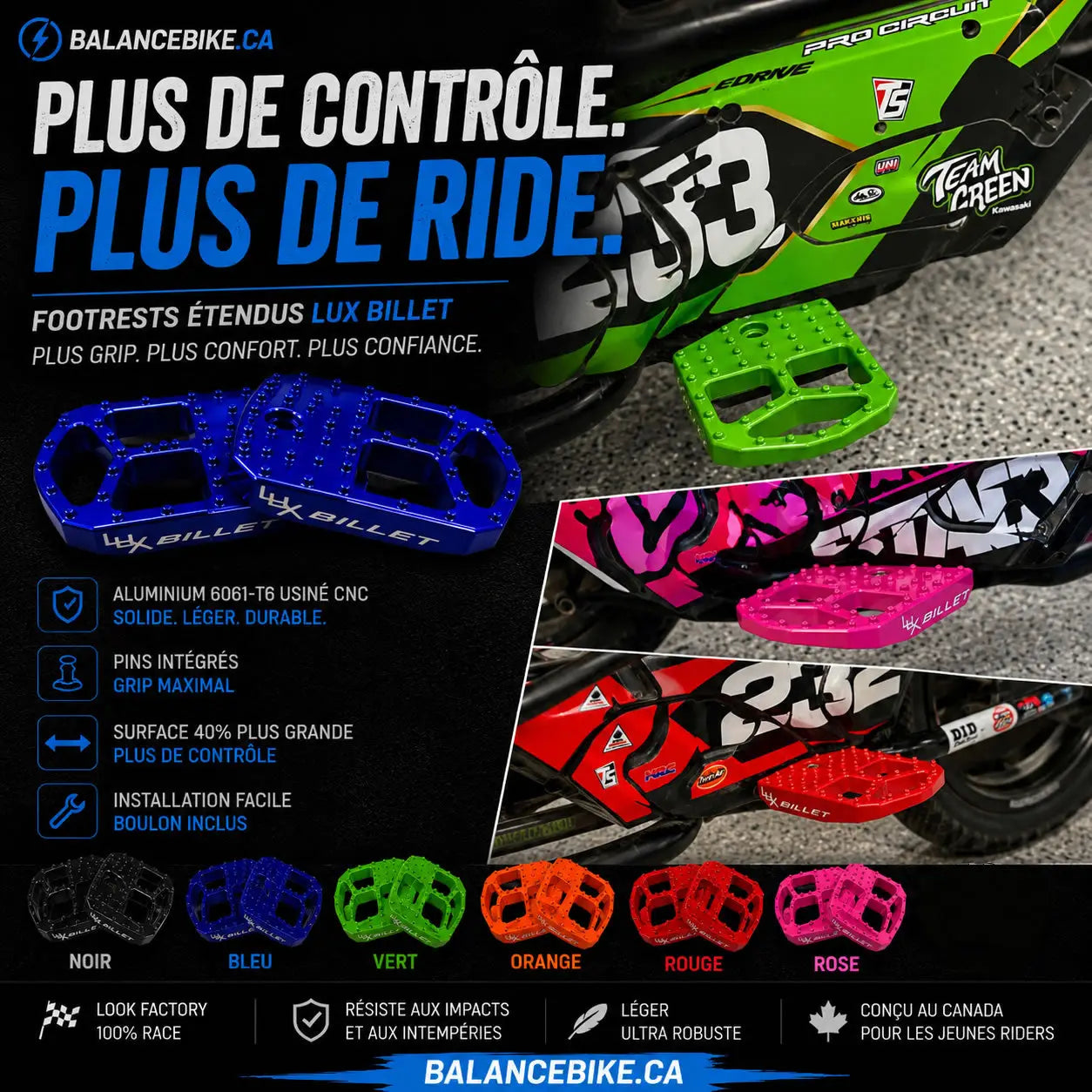 Lux billet extended footrest for 12-16 eDrive in bright green black and white with textured grip surface
