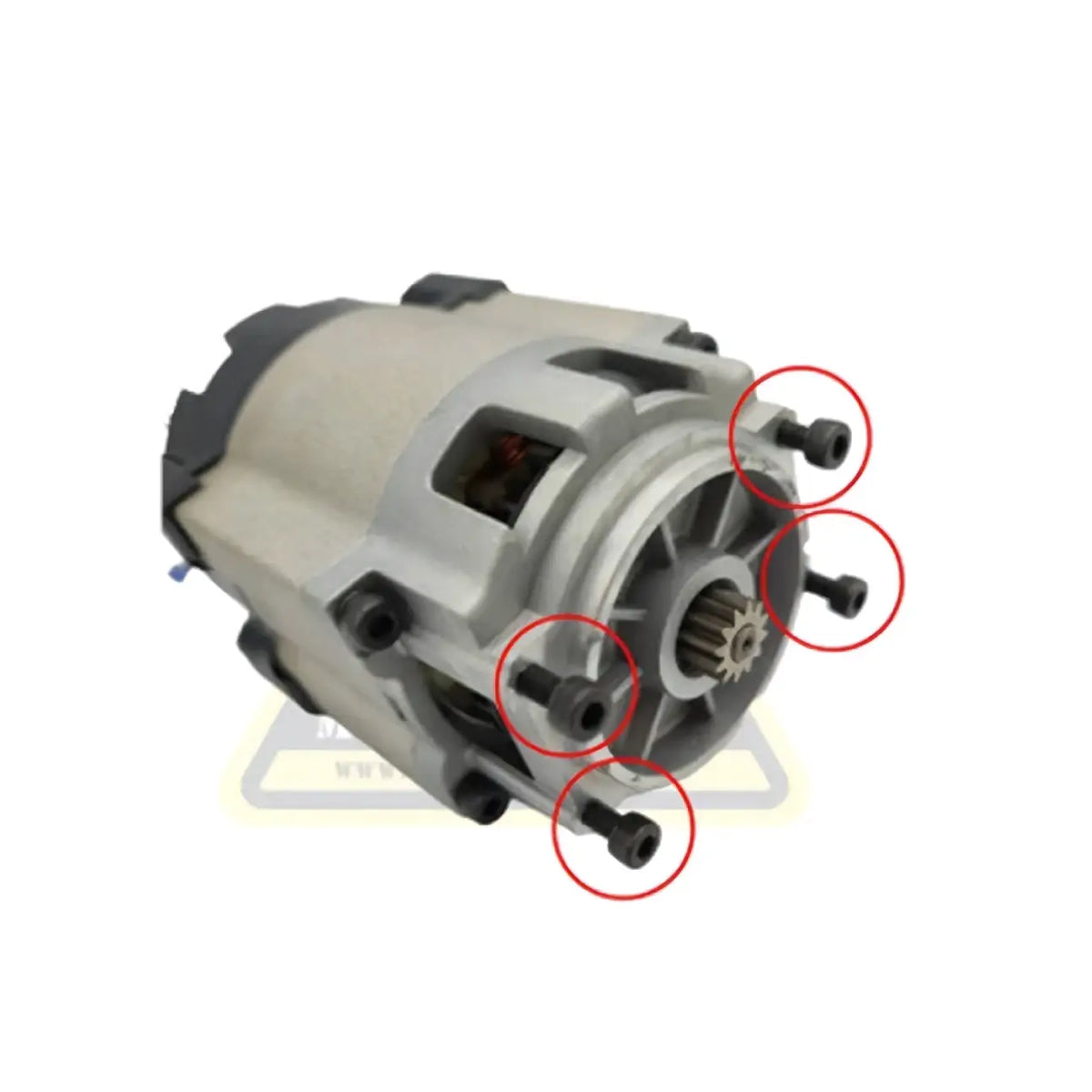 Gray metallic engine starter motor with black plastic housing and mounting bolts for motor to reduction gearbox screws Stacyc 18-20eDrive