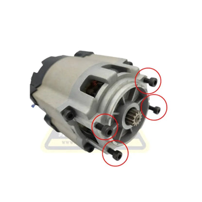 Gray metallic engine starter motor with black plastic housing and mounting bolts for motor to reduction gearbox screws Stacyc 18-20eDrive