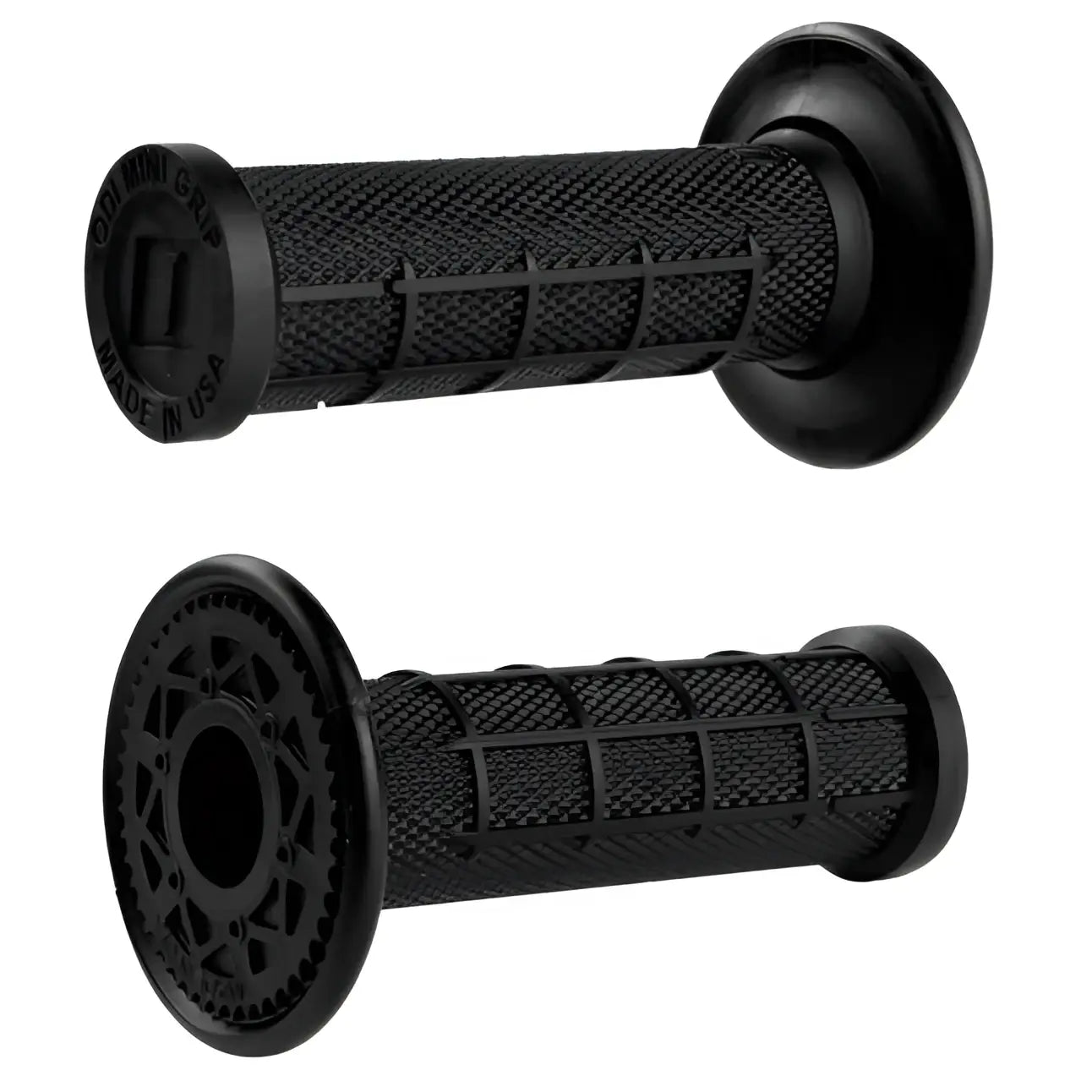 Black rubber odi mini grips 19mm with textured grid surfaces and circular end caps for motorcycle handlebars