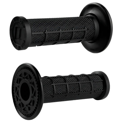 Black rubber odi mini grips 19mm with textured grid surfaces and circular end caps for motorcycle handlebars