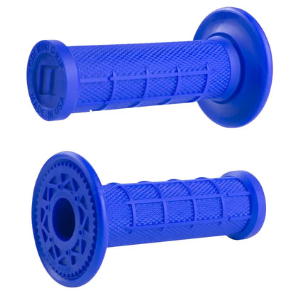 Bright blue rubber ODI mini grips 19mm with textured grid pattern and molded end caps for motorcycle handlebars