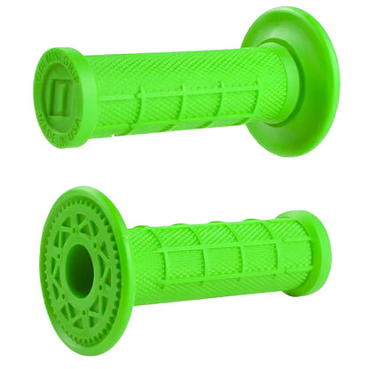 Bright green textured rubber odi mini grips 19mm with grid pattern and circular end caps for motorcycle use
