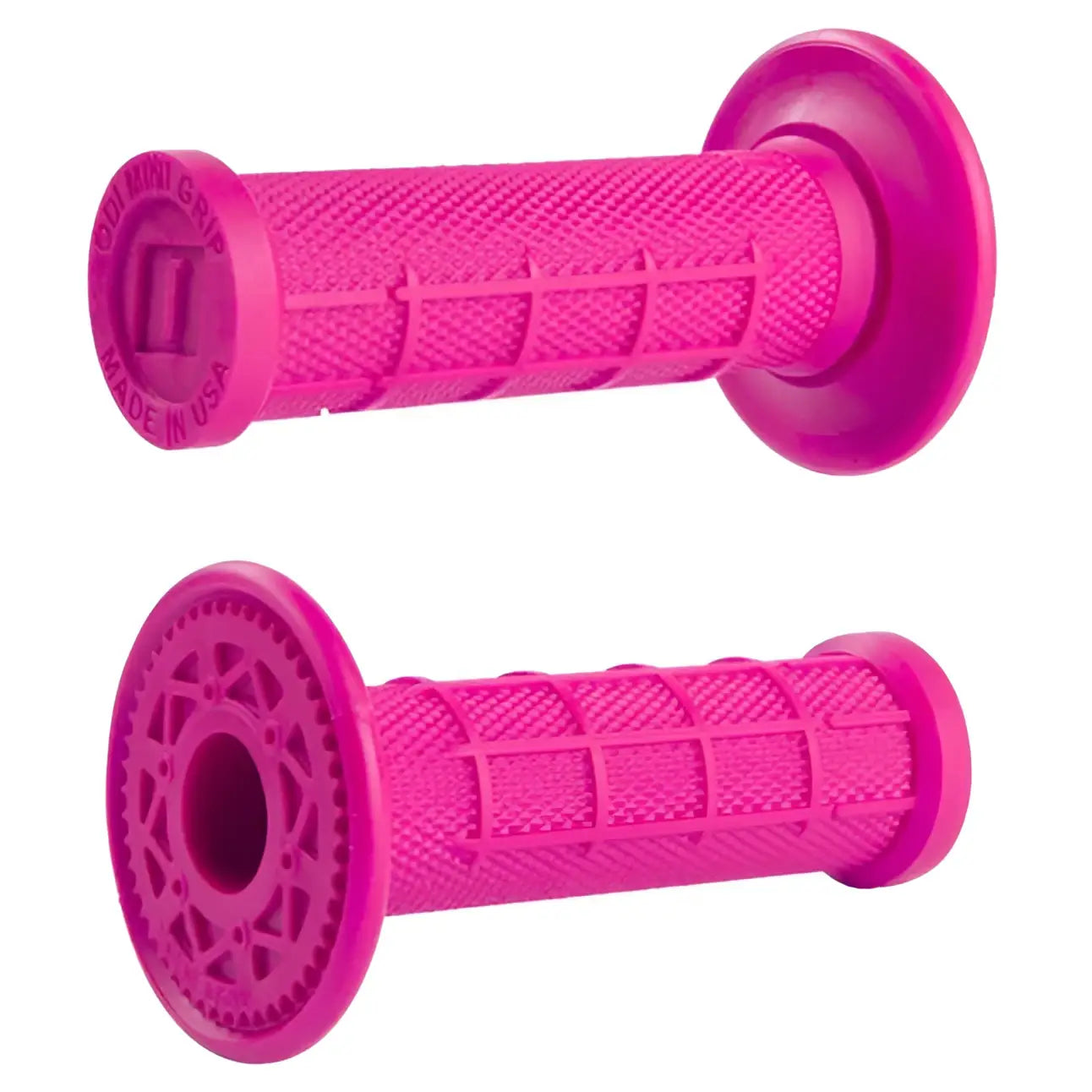 Vibrant pink rubber ODI Mini Grips 19mm with textured grip pattern and circular end caps for 12-16 eDrive bikes