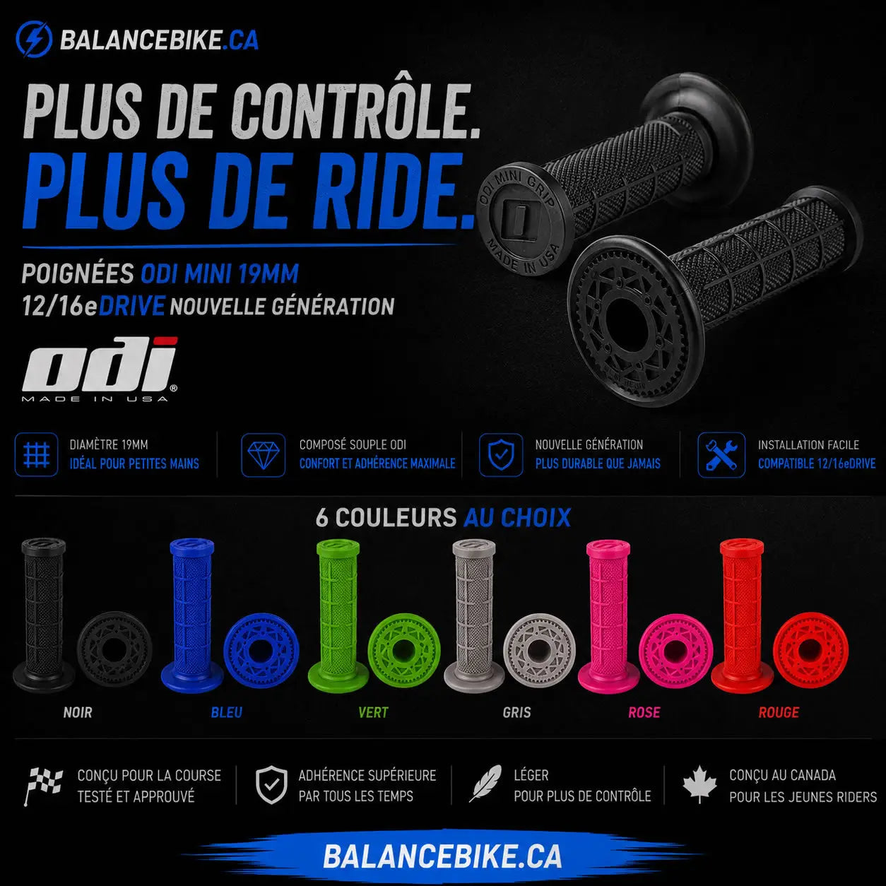 Black odi mini grips 19mm with textured diamond pattern and ergonomic design for 12-16eDrive bikes