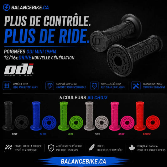 Black odi mini grips 19mm with textured diamond pattern and ergonomic design for 12-16eDrive bikes