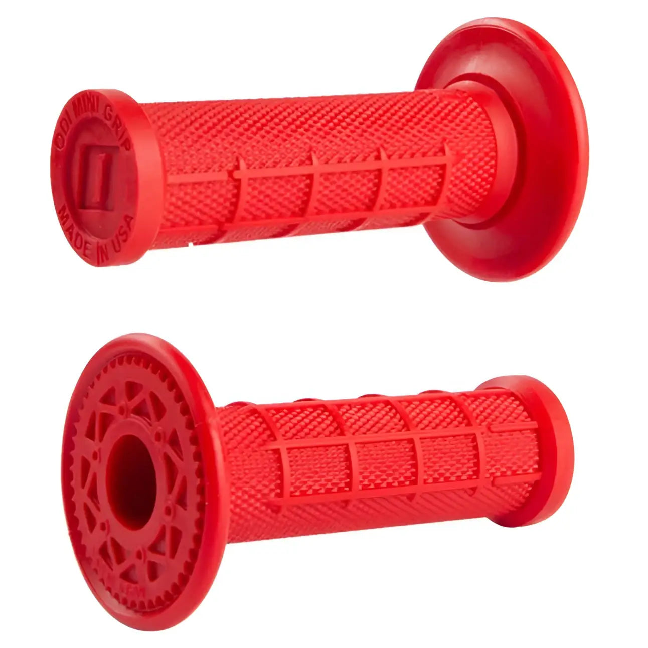 Red rubber odi mini grips 19mm with textured grid pattern and circular end caps for motorcycle handlebars