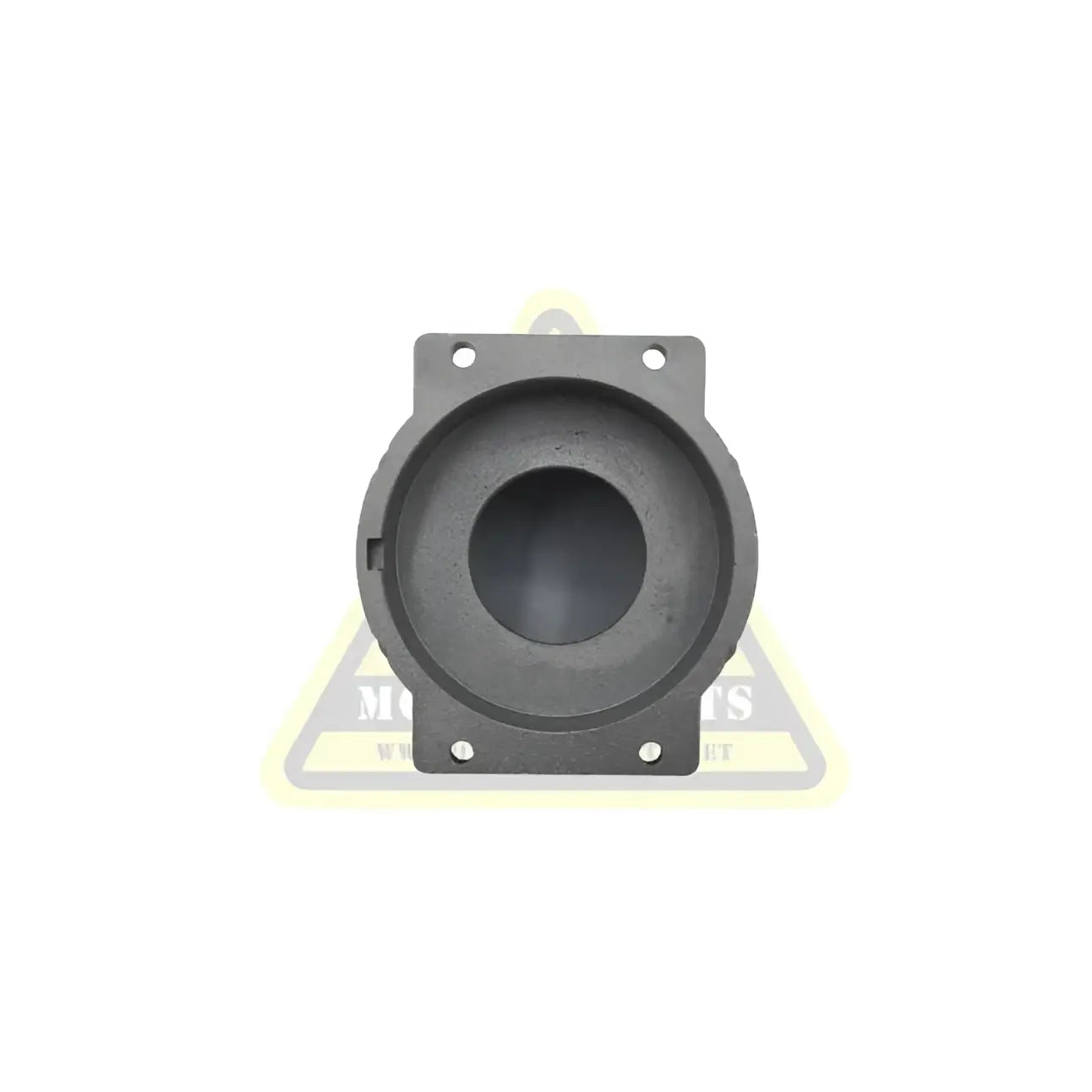 Black cast iron reinforced planetary gearbox housing mounting bracket with four screw holes and central circular opening