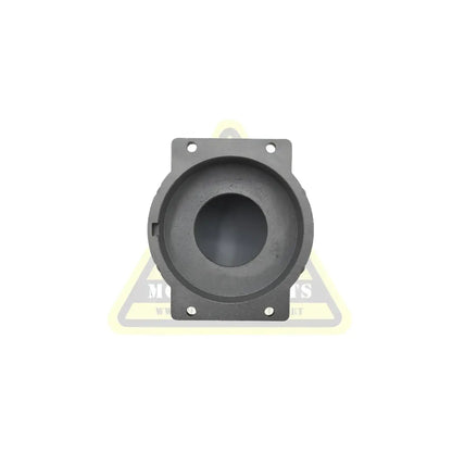 Black cast iron reinforced planetary gearbox housing mounting bracket with four screw holes and central circular opening