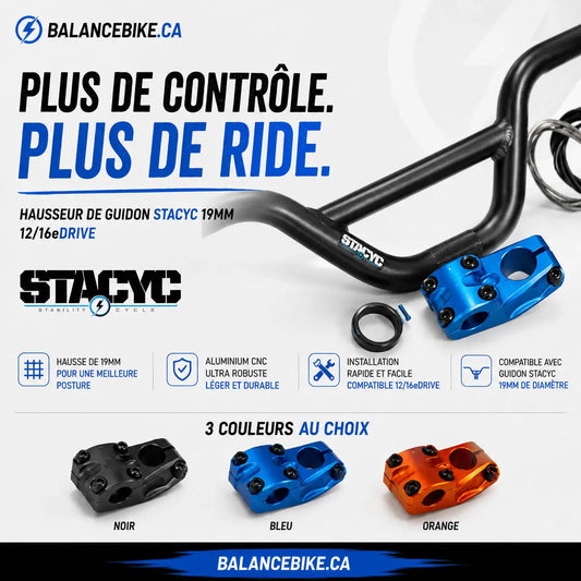 Black aluminum cnc stacyc bike 19mm handlebar riser stem with blue and orange color options for 12 16eDrive bikes