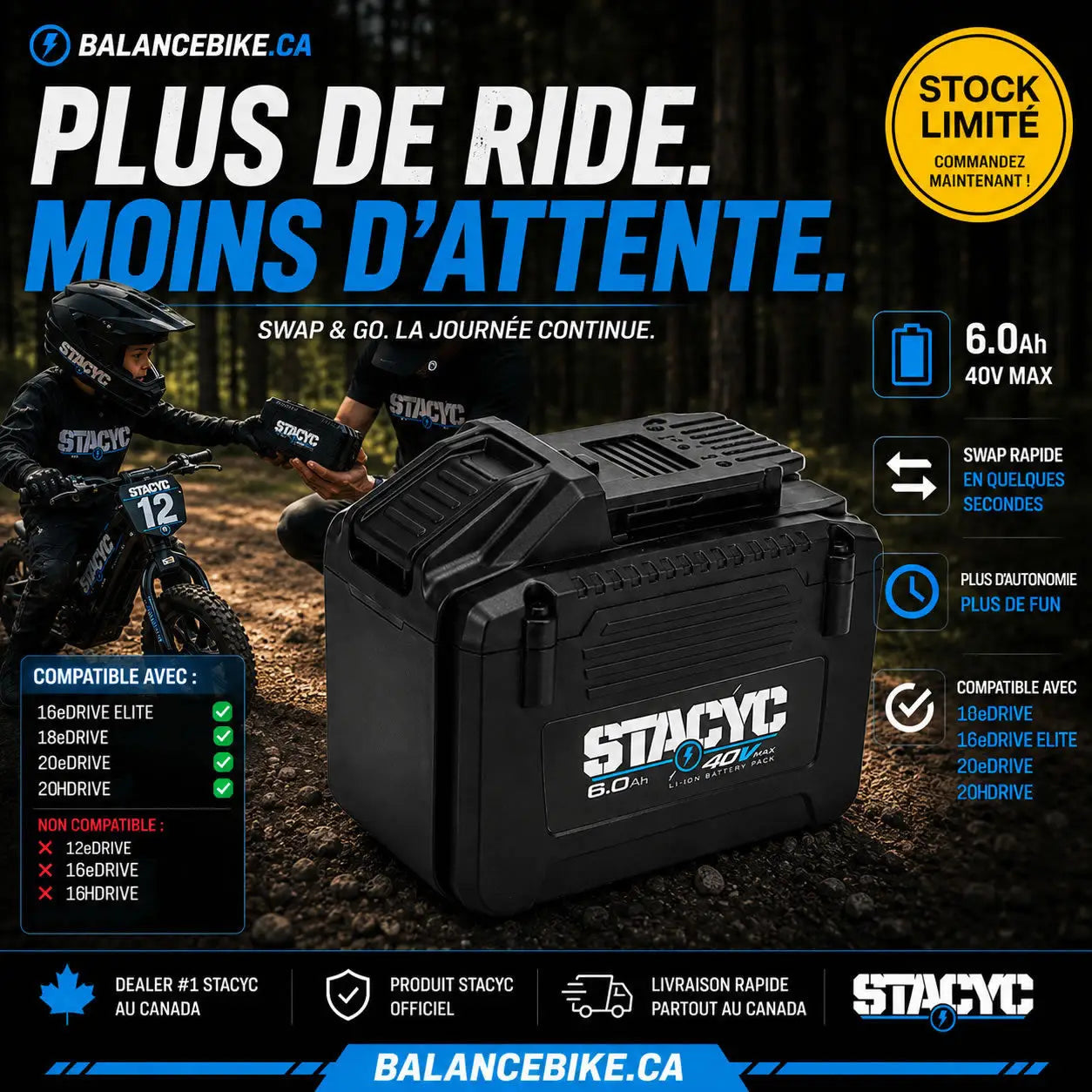 Black plastic stacyc bike battery pack with 6ah 40v max specifications for 18-20eDrive model