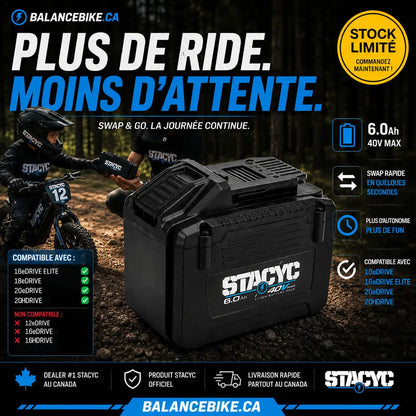 Black plastic stacyc bike battery pack with 6ah 40v max specifications for 18-20eDrive model
