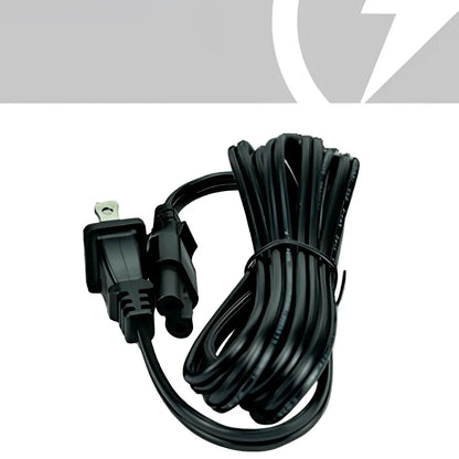 Black power cord with three-prong plug and smaller connector for Stacyc bike battery charger 12-16eDrive