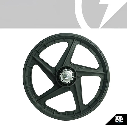 Black plastic front wheel with five spokes and silver center hub for Stacyc Bike 16eDrive Elite model