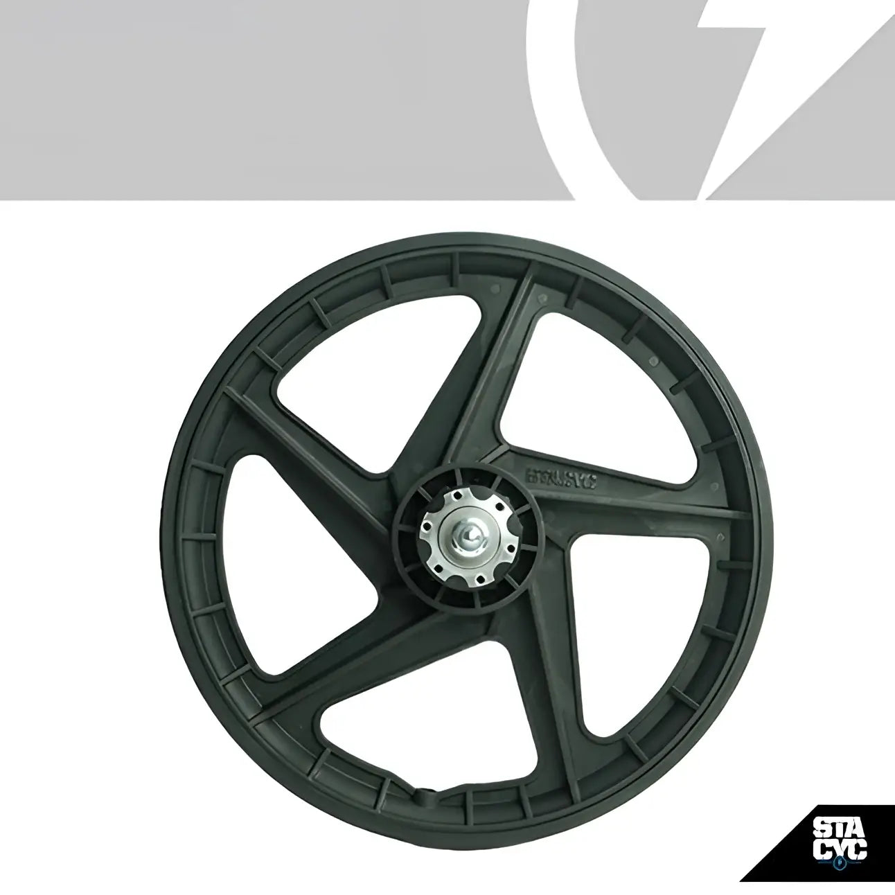 Black plastic rear wheel with five spokes and silver center hub for stacyc bike 16eDrive elite model