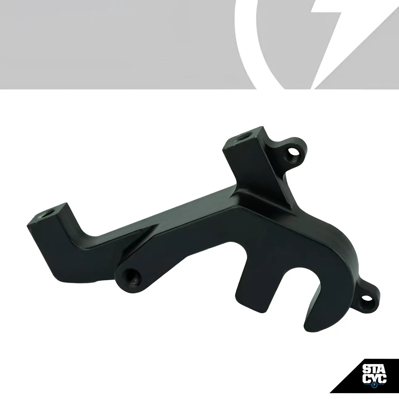 Black matte metal stacyc bike replacement rear brake bracket with integrated holes and curved mount bracket design