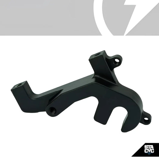 Black matte metal stacyc bike replacement rear brake bracket with integrated holes and curved mount bracket design