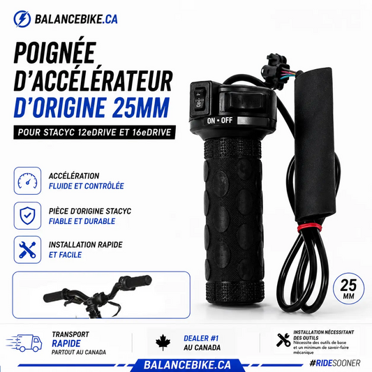 Black textured grip throttle control made of durable material for Stacyc electric balance bikes 12-16eDrive model