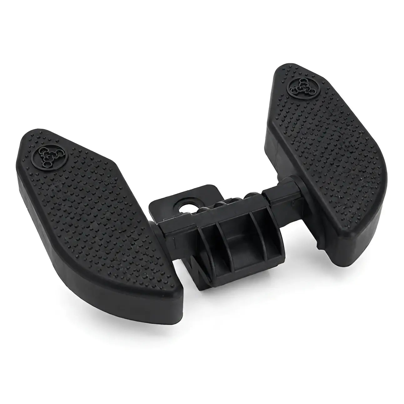 Black plastic strider bike 14x footrest with textured non slip surfaces and central mounting bracket visible from back side
