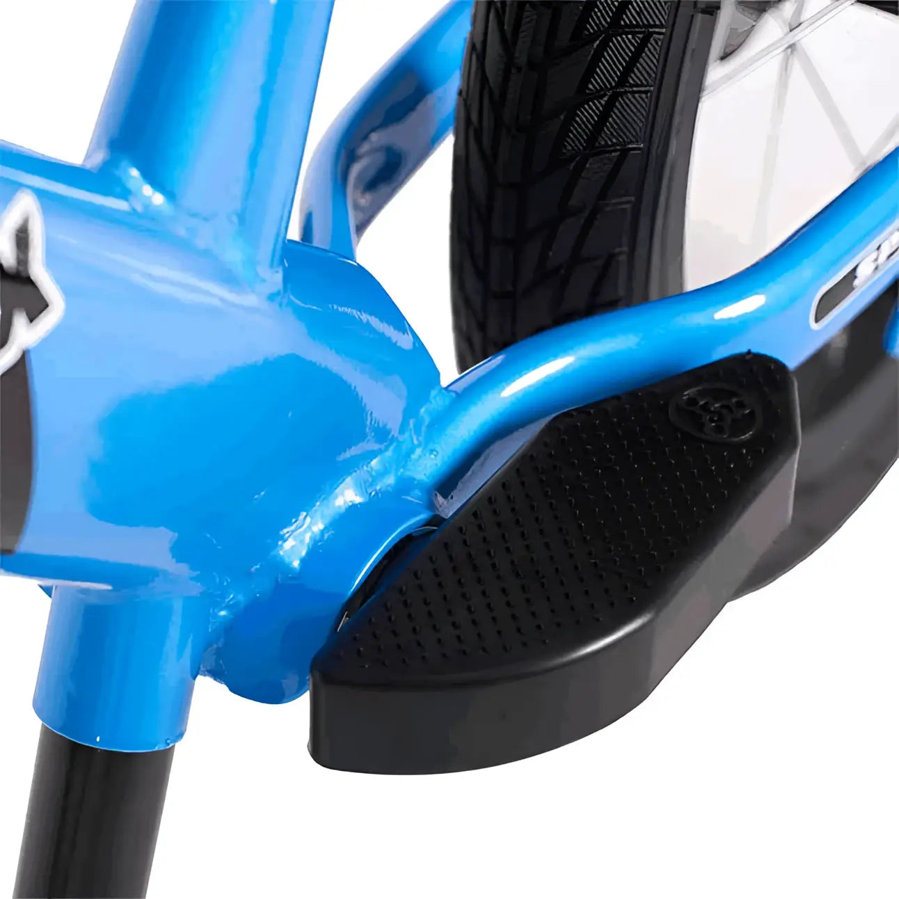 Blue strider bike 14x children’s balance bike with black textured footrest shown from the back side