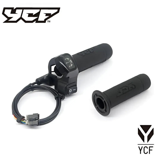 Black ycf bike throttle control with textured grip handle, compact electronic switch assembly, and coiled wiring